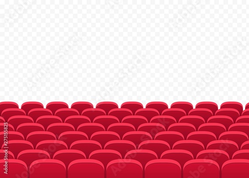 Rows of red cinema or movie theater seats on transparent background. Empty interior auditorium.