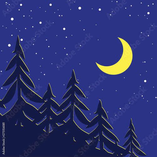 Moon crescent on the background of the night starry sky illuminates the coniferous forest