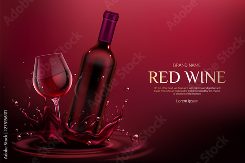 Red wine bottle and glass mockup. Closed blank flask and wineglass mock up with alcohol vine drink on burgundy liquid splashes and droplets ad promo banner background. Realistic 3d vector illustration