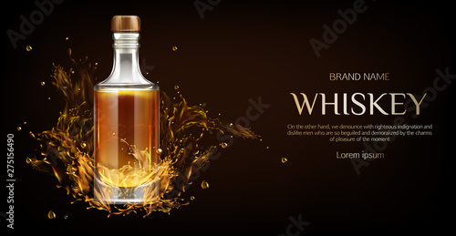 Whiskey bottle mockup. Closed glass blank flask with strong alcohol drink mock up stand on dark background with liquid splashes and drops, advertising promo ad banner, Realistic 3d vector illustration