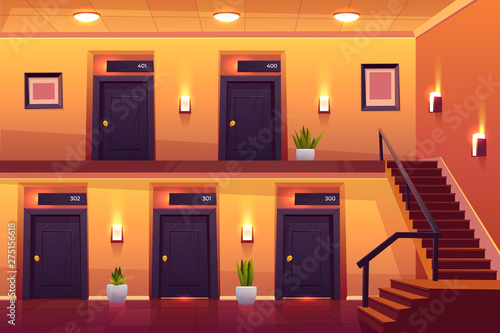 Rooms in hotel corridor with stairs on second floor, empty luxury hotel hallway interior cross section view with numbered doors, lamps, plants and tiled floor, motel hall. Cartoon vector illustration