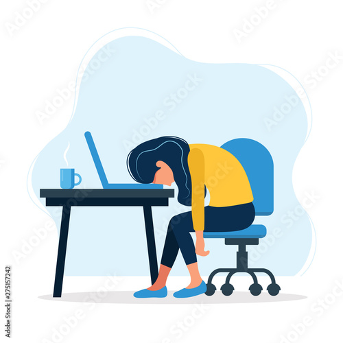 Burnout concept illustration with exhausted female office worker sitting at the table. Frustrated worker, mental health problems. Vector illustration in flat style