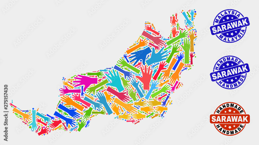 Vector handmade composition of Sarawak State map and rubber watermarks. Mosaic Sarawak State map is made from randomized bright colorful hands. Rounded watermarks with grunge rubber texture. Vector handmade composition of Sarawak State map and rubber watermarks. Mosaic Sarawak State map is made from randomized bright colorful hands. Rounded watermarks with grunge rubber texture.