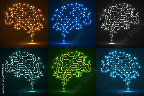 Set of technological neon brain. Circuit board. Abstract vector background