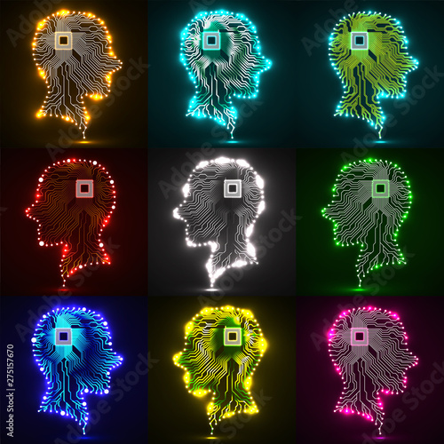 Set of neon human head. Cpu. Circuit board. Vector illustration. Eps 10