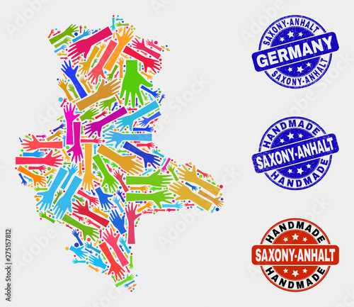 Vector handmade composition of Saxony-Anhalt Land map and scratched stamps. Mosaic Saxony-Anhalt Land map is made of scattered bright colored hands.