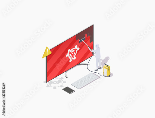 Isometric vector illustration, concept of cleaning computer from malware and viruses.