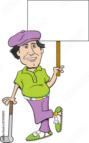 Cartoon illustration of a golfer leaning on a golf club and holding a sign.