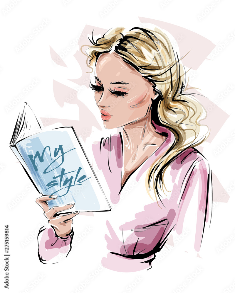 Hand drawn beautiful young woman holding a book. Stylish blonde hair girl  reading a book. Fashion woman look. Sketch. Vector illustration. Stock  Vector | Adobe Stock
