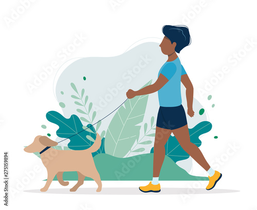Black man with a dog in the park. Illustration in flat style, concept vector illustration for healthy lifestyle, sport, exercising.