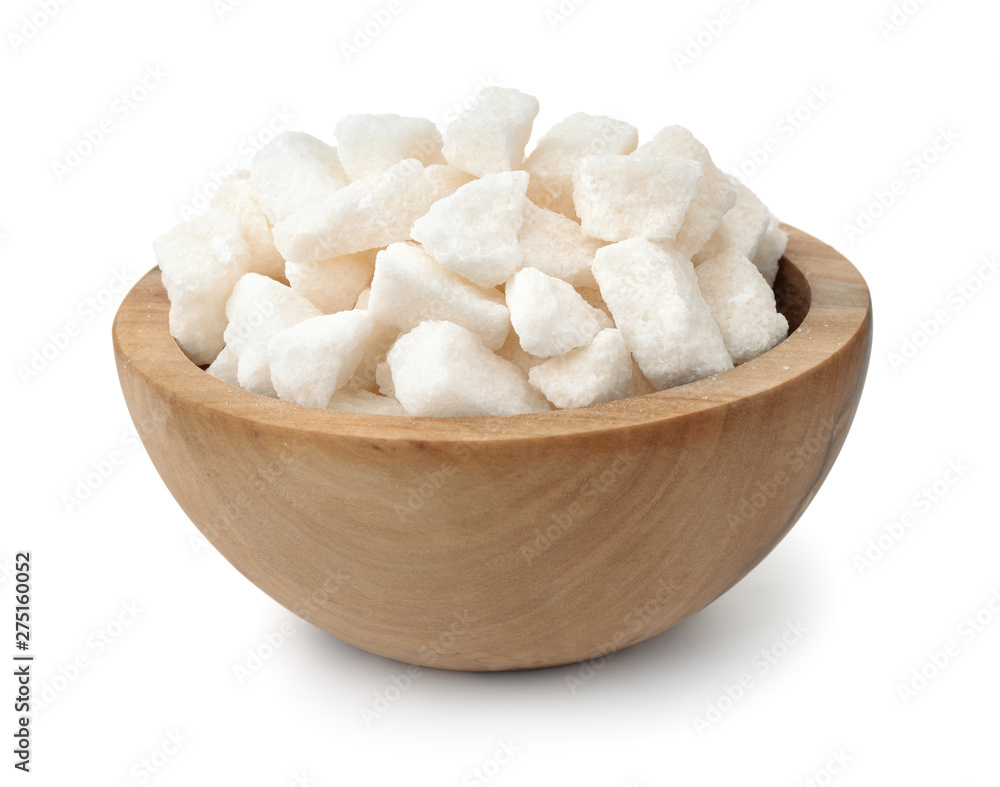 Organic crushed lump sugar in wooden bowl Organic crushed lump sugar in wooden bowl
