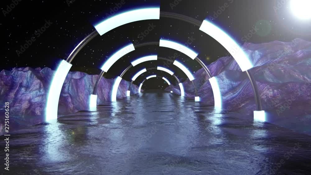 3d abstract background of Sci-fi corridor. Extraterrestrial landscape scene. Futuristic technology abstract seamless VJ for tech titles and background.