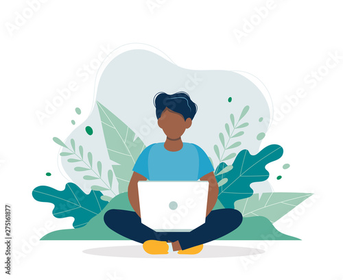 Black man with laptop sitting in nature and leaves. Concept vector illustration for working, freelancing, studying, education, work from home. Illustration in flat cartoon style