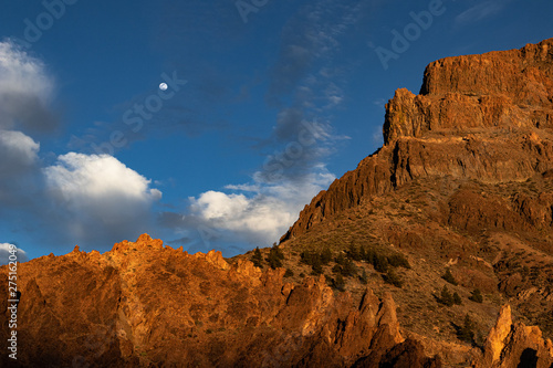 Rock formations and moon in Teide National Park.
