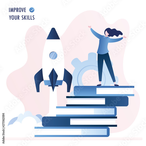 Stack of books and businesswoman or student on top,improve new skills