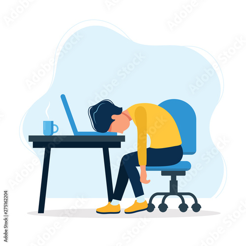 Burnout concept illustration with exhausted man office worker sitting at the table. Frustrated worker, mental health problems. Vector illustration in flat style