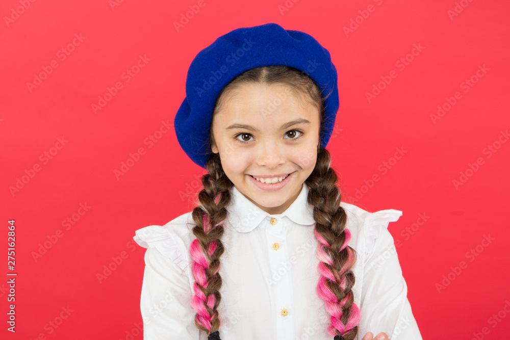 Do you speak french. Fancy style. Little girl with braids ready for school. School fashion concept. Schoolgirl wear formal school uniform and beret hat. Child beautiful girl long braided hair Do you speak french. Fancy style. Little girl with braids ready for school. School fashion concept. Schoolgirl wear formal school uniform and beret hat. Child beautiful girl long braided hair