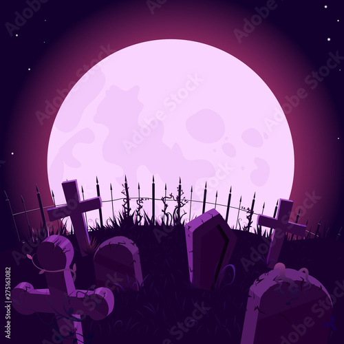 Violet background with big moon and graveyard, vector illustration. Graves and crosses, big moon in graveyardBackground for Halloween.