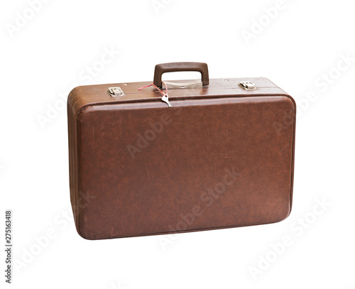 Old shabby vintage suitcase isolated on white background. Retro style.