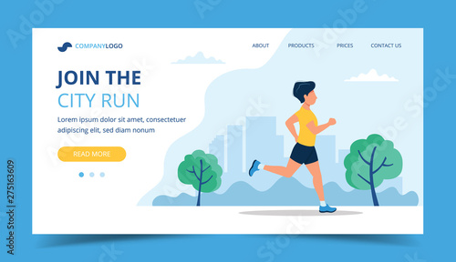 Running landing page template. Man running in the park. Illustration for marathon, city run, training, cardio exercising. Vector illustration in flat style
