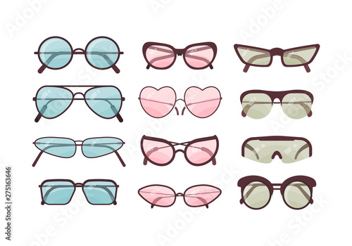 Colorful sunglasses vector set. Spectacles plastic frame collection. Summer sun protection.
