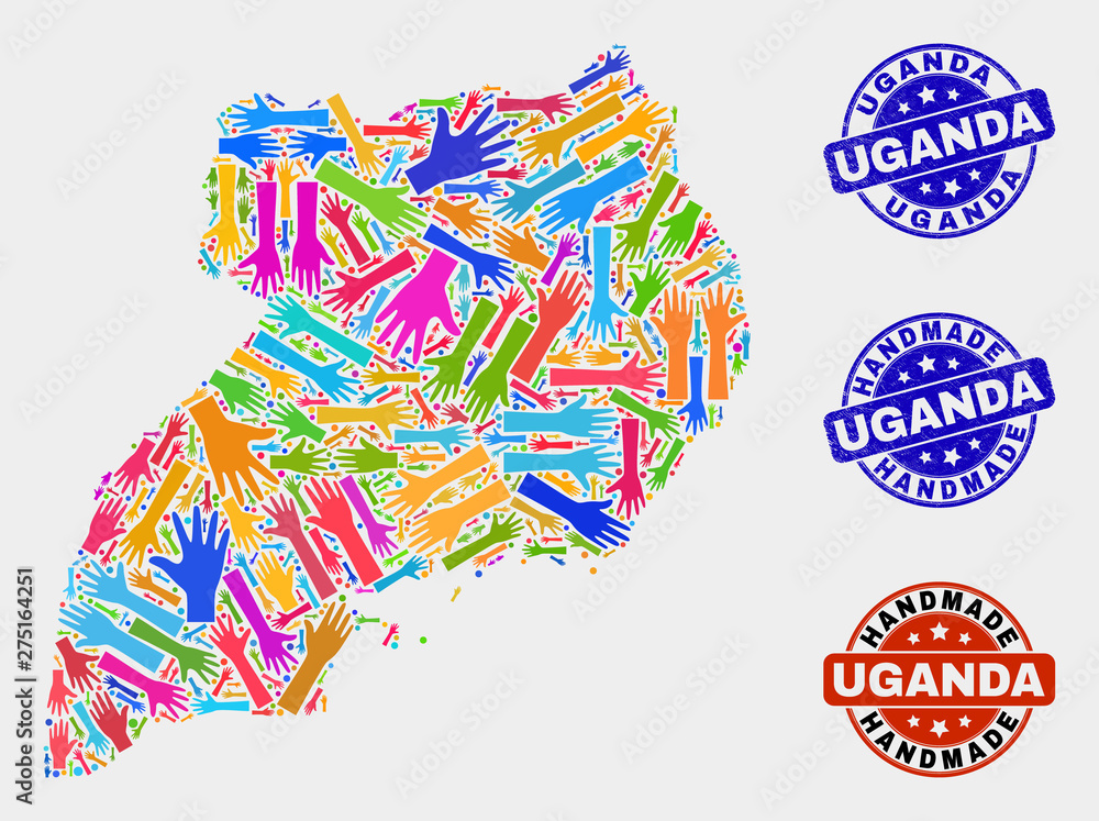 Vector handmade combination of Uganda map and rubber watermarks. Mosaic Uganda map is formed with scattered bright colorful hands. Rounded watermarks with distress rubber texture.