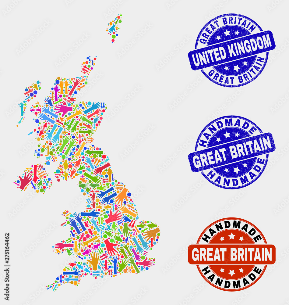 Vector handmade collage of United Kingdom map and dirty watermarks. Mosaic United Kingdom map is composed with scattered bright colored hands. Rounded watermarks with scratched rubber texture.