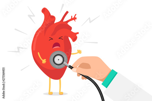 Cartoon heart character unhealthy sick emoji pain emotion and hand holding stethoscope arrhythmia check rate. Vector circulatory organ with lightning bolts heart attack illustration