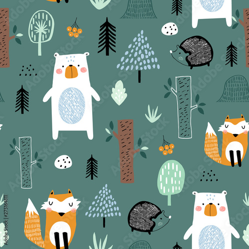 Seamless childish pattern with cute bear, fox, hedgehogs in the wood. Creative kids scandinavian style texture for fabric, wrapping, textile, wallpaper, apparel. Vector illustration