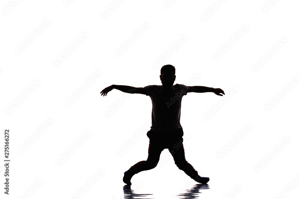 Caucasian young man dance, full length portrait isolated