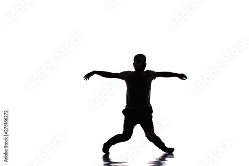 Caucasian young man dance, full length portrait isolated