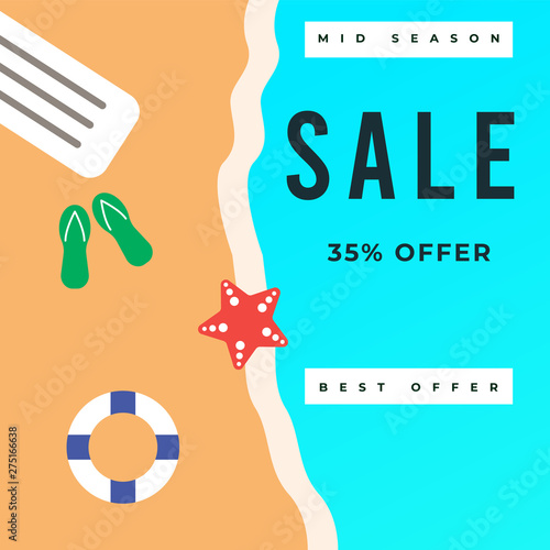 Summer Vector illustration with beach, sand, sea, ocean, star elements. Aqua blue sea. Sale banner template design. Big sale special offer. Special offer banner for poster, flyer, brochure, sticker. .
