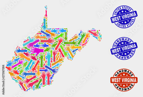 Vector handmade composition of West Virginia State map and grunge stamps. Mosaic West Virginia State map is composed with randomized bright colored hands.