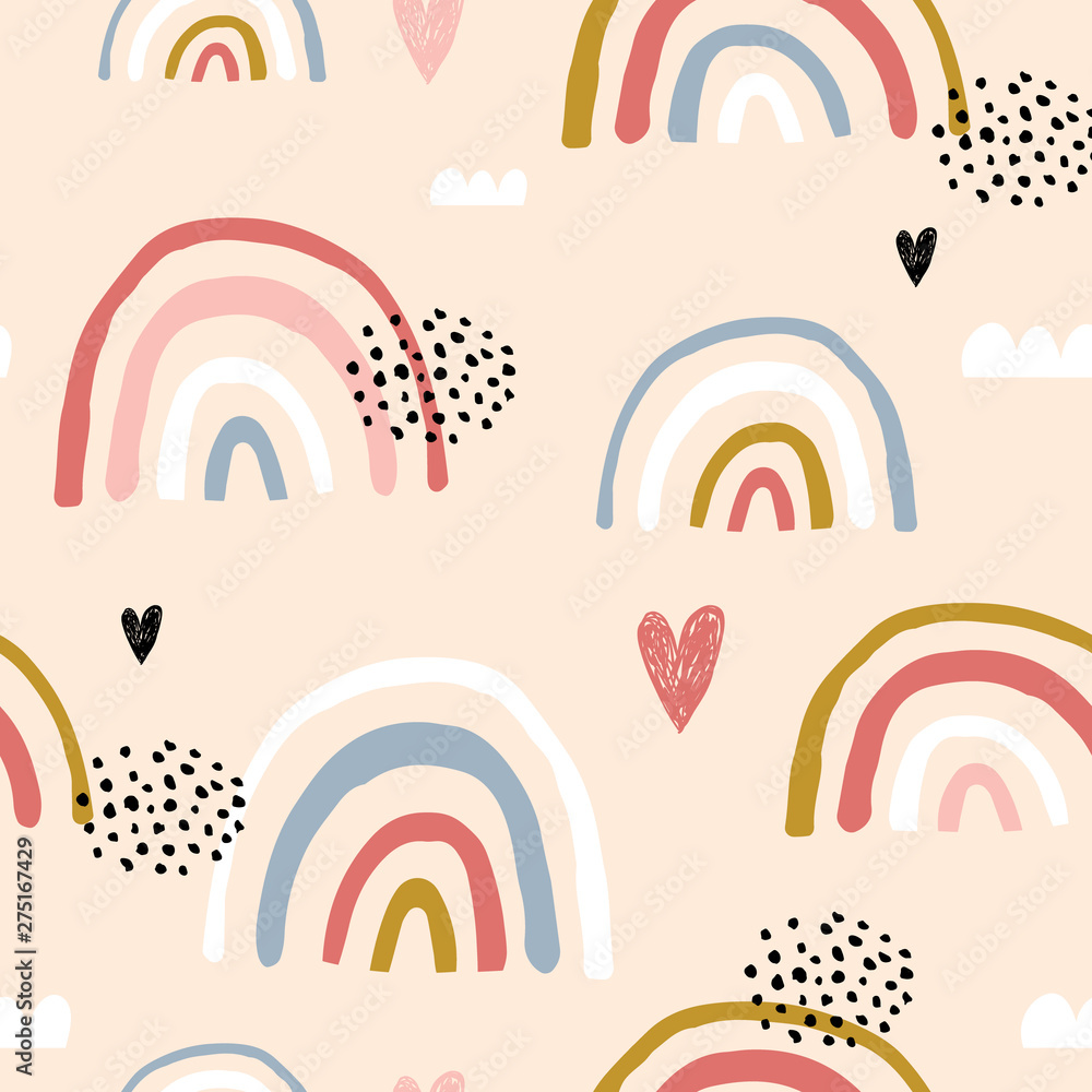 Fototapeta Seamless childish pattern with hand drawn rainbows and hearts, .Creative scandinavian kids texture for fabric, wrapping, textile, wallpaper, apparel. Vector illustration
