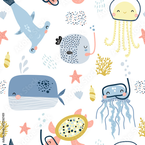 Seamless pattern with cute undersea inhabitants in masks. Creative childish background. Perfect for kids apparel,fabric, textile, nursery decoration,wrapping paper.Vector Illustration