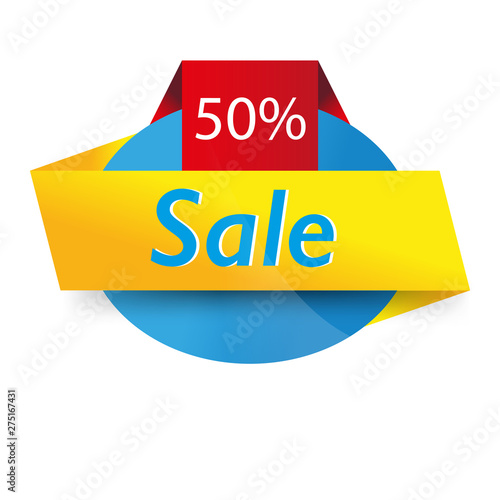 Yellow red ribbons on blue round shape. 50% Sale banner template design. Big sale special offer. Yellow blue Special offer banner for poster, flyer, brochure, sticker. Vector illustration.