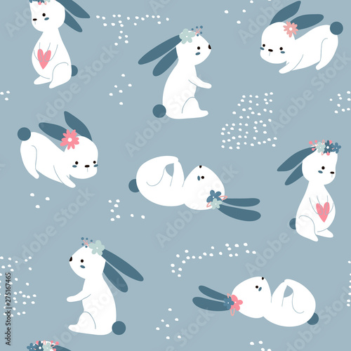 Seamless Easter childish pattern with cute rabbits. Creative spring kids texture for fabric, wrapping, textile, wallpaper, apparel. Vector illustration