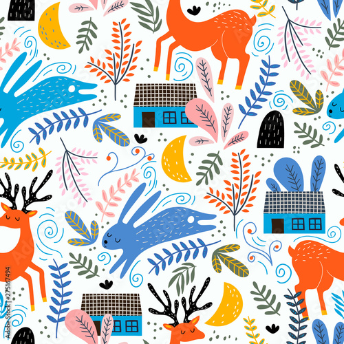 Seamless woodland pattern with deer  bunny and forest house. Creative kids for fabric  wrapping  textile  wallpaper  apparel. Vector illustration