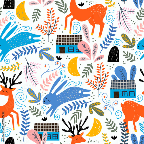Seamless woodland pattern with deer, bunny and forest house. Creative kids for fabric, wrapping, textile, wallpaper, apparel. Vector illustration