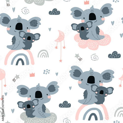 Seamless pattern with cute koala momm with baby on rainbows. Creative childish background. Perfect for kids apparel,fabric, textile, nursery decoration,wrapping paper.Vector Illustration