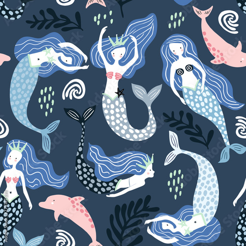 Obraz Syrenka  seamless-pattern-with-creative-mermaids-with-dolphins-creative-undersea-childish-texture-great-for-fabric-textile-vector-illustration