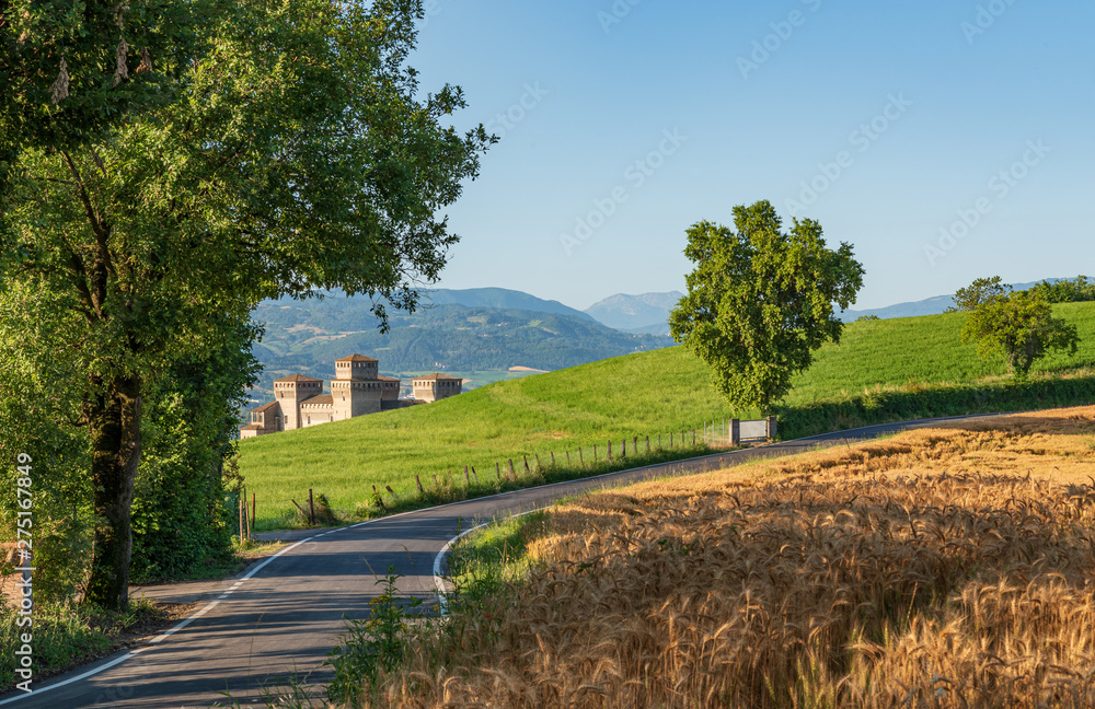 Castle surrounded by green fields and wheat fields in Italy Castle surrounded by green fields and wheat fields in Italy