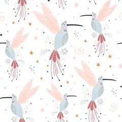 Fototapete Skandinavische Kindermuster Feenhafte Kolibris mit Sternen Kindermuster  © solodkayamari