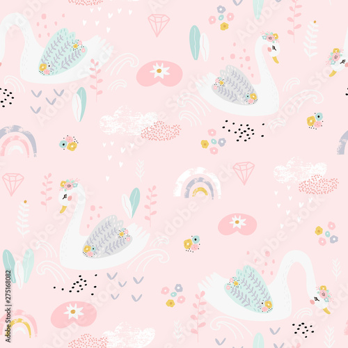 Seamless pattern with cute fairy swans and rainbows. Creative childish background. Perfect for kids apparel,fabric, textile, nursery decoration,wrapping paper.Vector Illustration