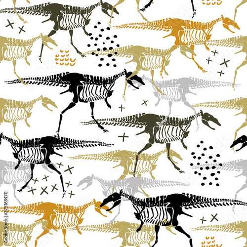 Seamless childish pattern with dinosaur skeleton. Creative texture for boys. Great for fabric, textile Vector Illustration