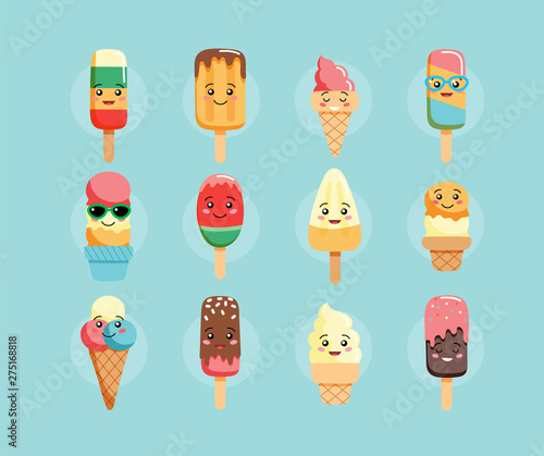 Cute kawaii ice cream characters, collection of ice cream, different flavours. Vector illustration in flat style