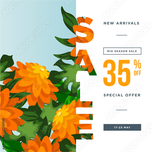 Orange flower petal and green leaves. 35% med season Sale banner template design. Big sale special offer. Tropical Floral Special offer banner for poster, flyer, brochure, sticker. Vector illustration