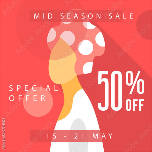 Red mid season woman collection. 50% Big sale poster offer. Sale banner template design. Special offer design for web banner, poster, flyer, brochure, sticker. Woman collection Vector illustration.