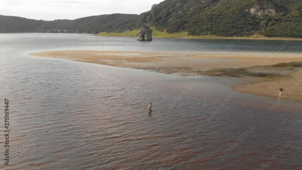 Two people wading through shallow water off the coast of a mountainous island Two people wading through shallow water off the coast of a mountainous island