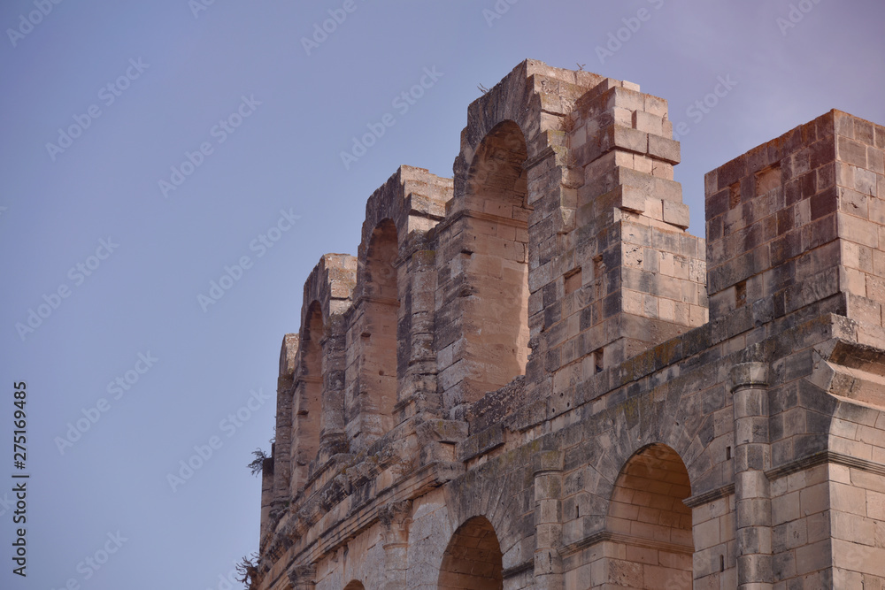 The ruins of ancient roman amphitheater in El-Jem. The largest colosseum in North Africa. Mahdia governorate, Tunisia.
